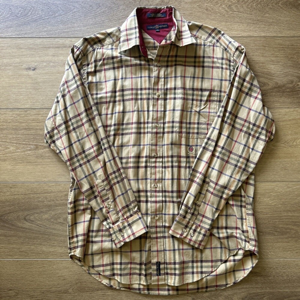 Tommy Hilfiger M Beige Plaid Shirt Long Sleeve Button Up Dress Shirt 100% Cotton